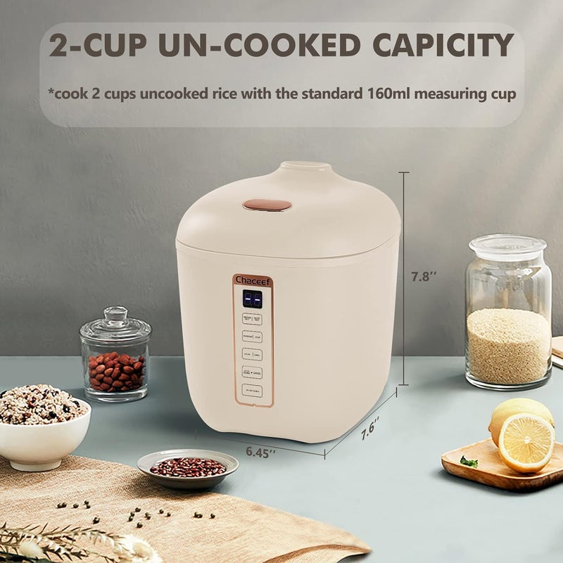 CHACEEF Mini Rice Cooker 2 Cups Uncooked, 1.2L Rice Cooker Small, Portable Non-Stick Small Travel Rice Maker, BPA Free, Smart Control Multifunction Cooker with 24 Hours Timer Delay & Keep Warm Function, Beige - Image 4